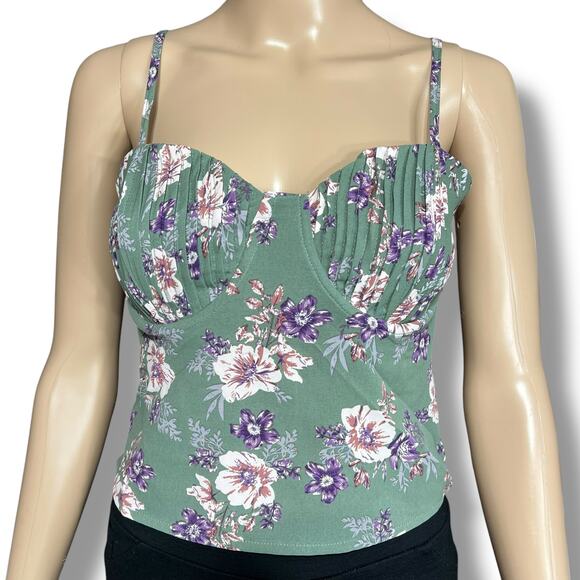Blush BJ Womens Crop Top Floral Print Pleated Underwire Cutout Back Green Small - Picture 2 of 11